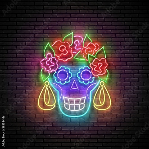 Dia de Los Muertos Greeting Card Template with Sugar Skull, Catrina Calavera. Day of the Dead Postcard. Shiny Neon Poster, Flyer, Banner, Postcard, Invitation. Brick Wall. Vector 3d Illustration