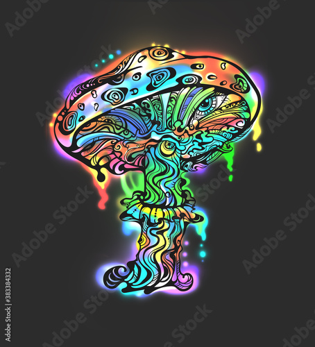 Psychedelic magic glowing mushroom. Goa trance music  hanging out  shindig  going out  the gang  rave  get together  culture. Hippie. Hashish. 60s