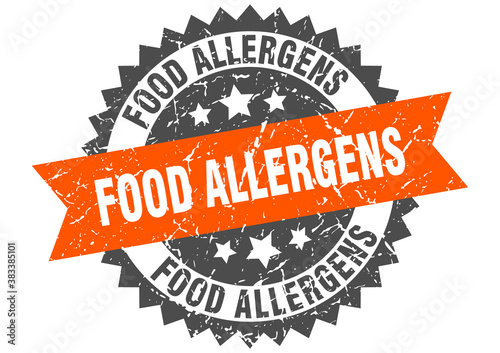 food allergens stamp. grunge round sign with ribbon
