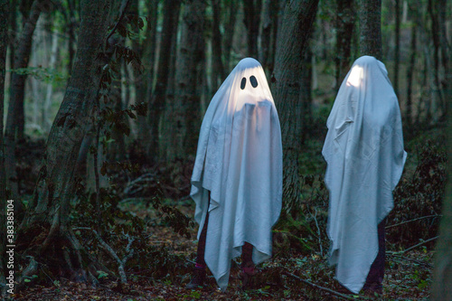 ghost in a dark forest Halloween background