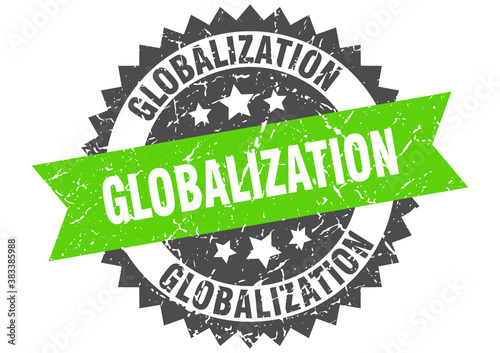 globalization stamp. grunge round sign with ribbon