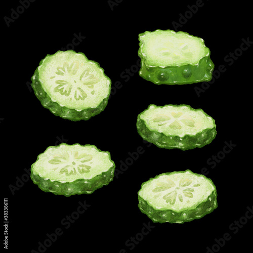 Cucumber slices raw, fresh and green hand drawn watercolor illustration isolated on black. Organic and healthy vegetarian menu design element