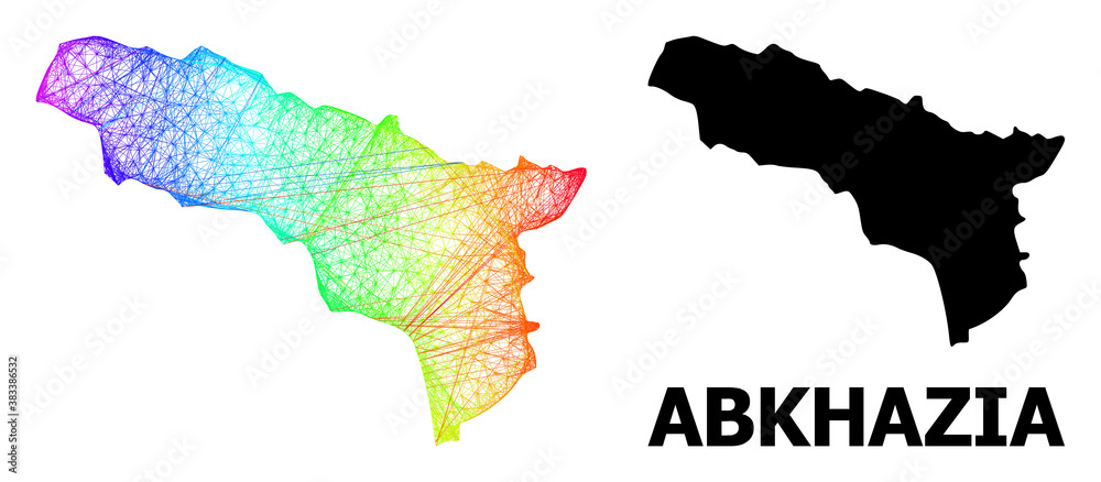 Network and solid map of Abkhazia. Vector structure is created from map of Abkhazia with intersected random lines, and has spectrum gradient. Abstract lines form map of Abkhazia.