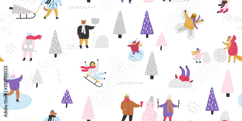 Fototapeta Naklejka Na Ścianę i Meble -  Winter park with cute animals. Winter games outside. Ice skating, skiing, sledding, building snowman.