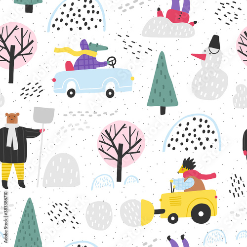 Winter park with cute animals. Winter landscape. Snow removal. Cute seamless psttern.