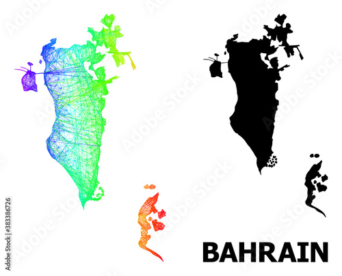 Wire frame and solid map of Bahrain. Vector structure is created from map of Bahrain with intersected random lines, and has bright spectral gradient. Abstract lines form map of Bahrain.