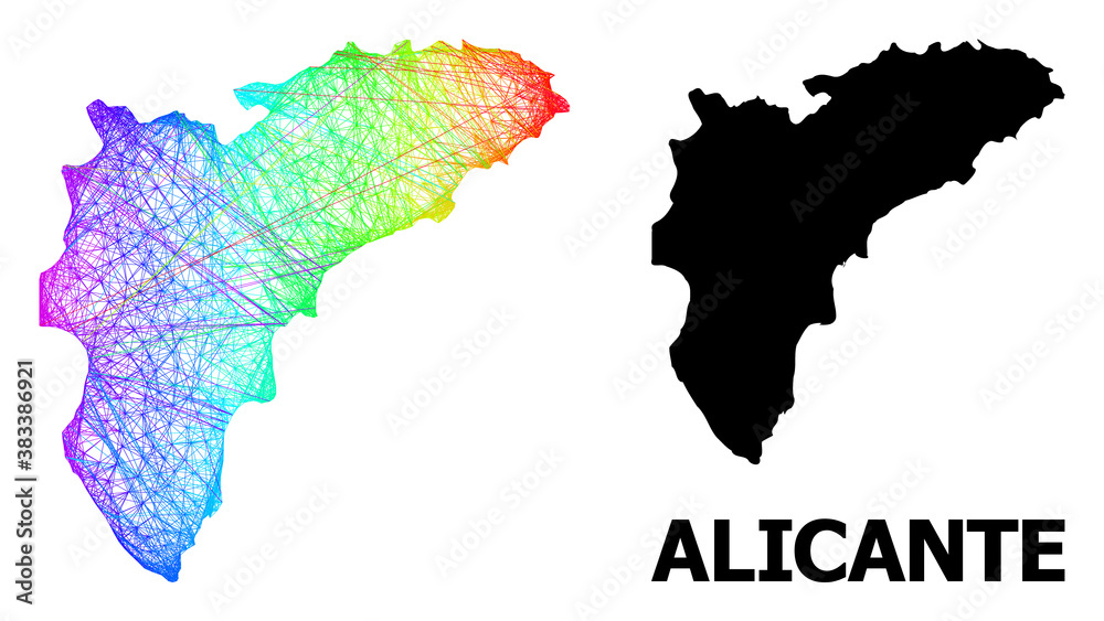 Wire frame and solid map of Alicante Province. Vector model is created from map of Alicante Province with intersected random lines, and has bright spectral gradient.