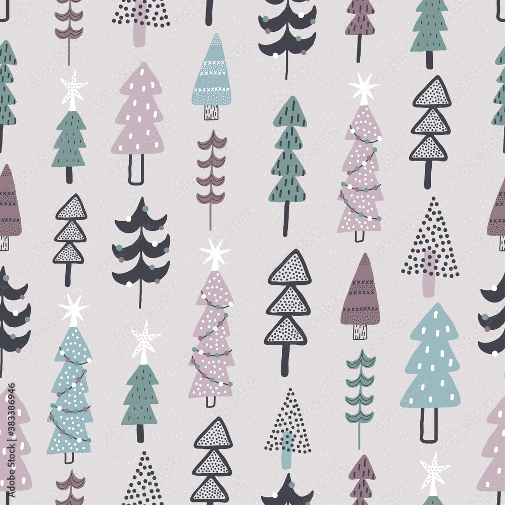 Cute winter forest. Childish seamless pattern. Christmas holidays in the forest. Grey background.