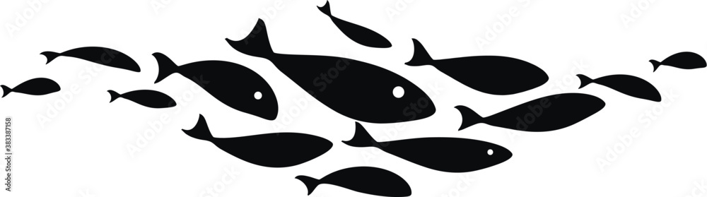 Black silhouette flock of fish. Element for your design. Logo template.