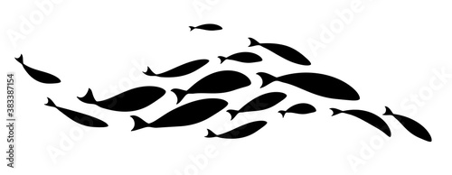 Black silhouette of flock of fish. School of fish. Logo template design.