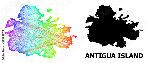 Wire frame and solid map of Antigua Island. Vector model is created from map of Antigua Island with intersected random lines, and has spectral gradient. Abstract lines form map of Antigua Island.