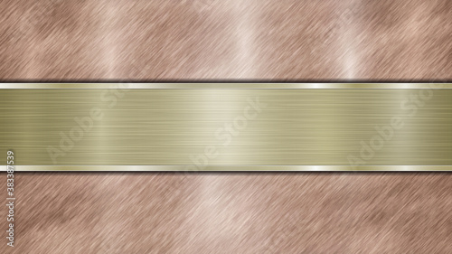 Background consisting of a bronze shiny metallic surface and one horizontal polished golden plate located centrally, with a metal texture, glares and burnished edges