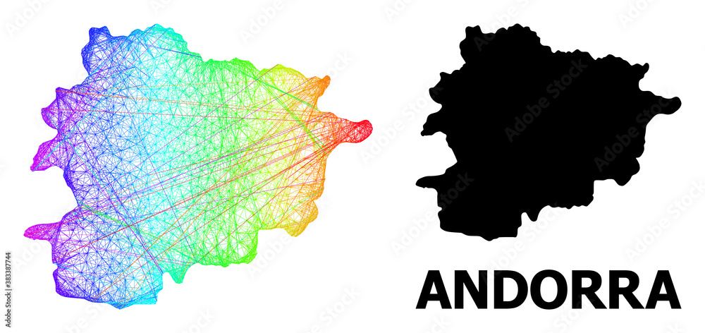 Obraz premium Wire frame and solid map of Andorra. Vector model is created from map of Andorra with intersected random lines, and has spectrum gradient. Abstract lines are combined into map of Andorra.