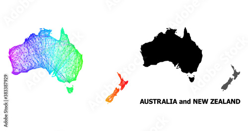 Wire frame and solid map of Australia and New Zealand. Vector model is created from map of Australia and New Zealand with intersected random lines, and has rainbow gradient.