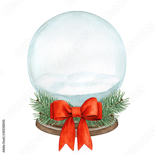 Watercolor empty crystal snowball with red bow