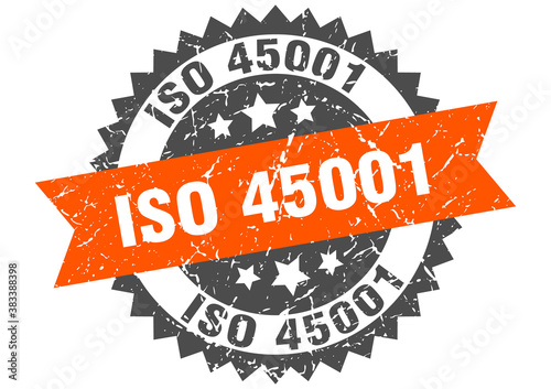 iso 45001 stamp. grunge round sign with ribbon