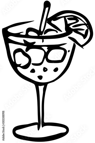 Stylish hand-drawn ink style cool sparkling orange Aperol spritz garnished slice of citrus in a classic glass vector art. For cocktail party card, invitations, posters, bar menu cook book recipe