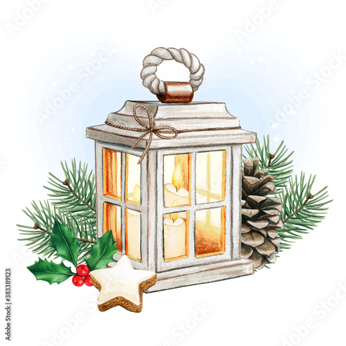 Watercolor christmas lantern with candles, pinecone and holly