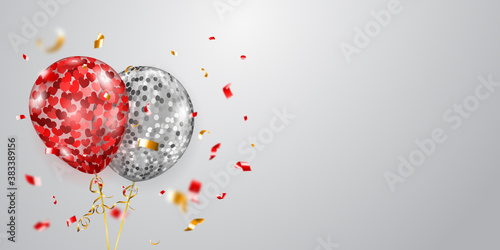 Festive background with silver and red air balloons and shiny pieces of serpentine. Vector illustration for posters, flyers or cards.