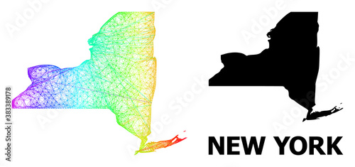Wire frame and solid map of New York State. Vector structure is created from map of New York State with intersected random lines, and has spectrum gradient.