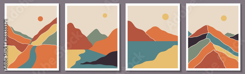 Abstract contemporary landscape posters. Modern boho background set with lake, river,sun, moon, mountains, minimalist wall decor. Vector art print.
