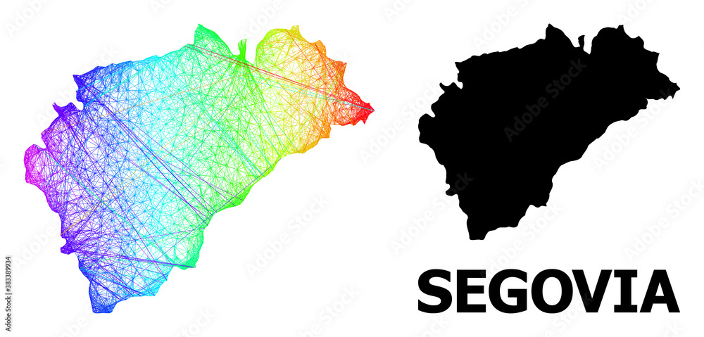Wire frame and solid map of Segovia Province. Vector model is created from map of Segovia Province with intersected random lines, and has spectrum gradient. Wire frame and solid map of Segovia Province. Vector model is created from map of Segovia Province with intersected random lines, and has spectrum gradient.