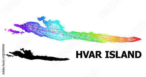 Wire frame and solid map of Hvar Island. Vector structure is created from map of Hvar Island with intersected random lines, and has spectral gradient.