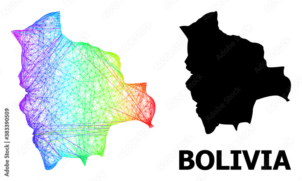 Wire frame and solid map of Bolivia. Vector model is created from map of Bolivia with intersected random lines, and has rainbow gradient. Abstract lines are combined into map of Bolivia.