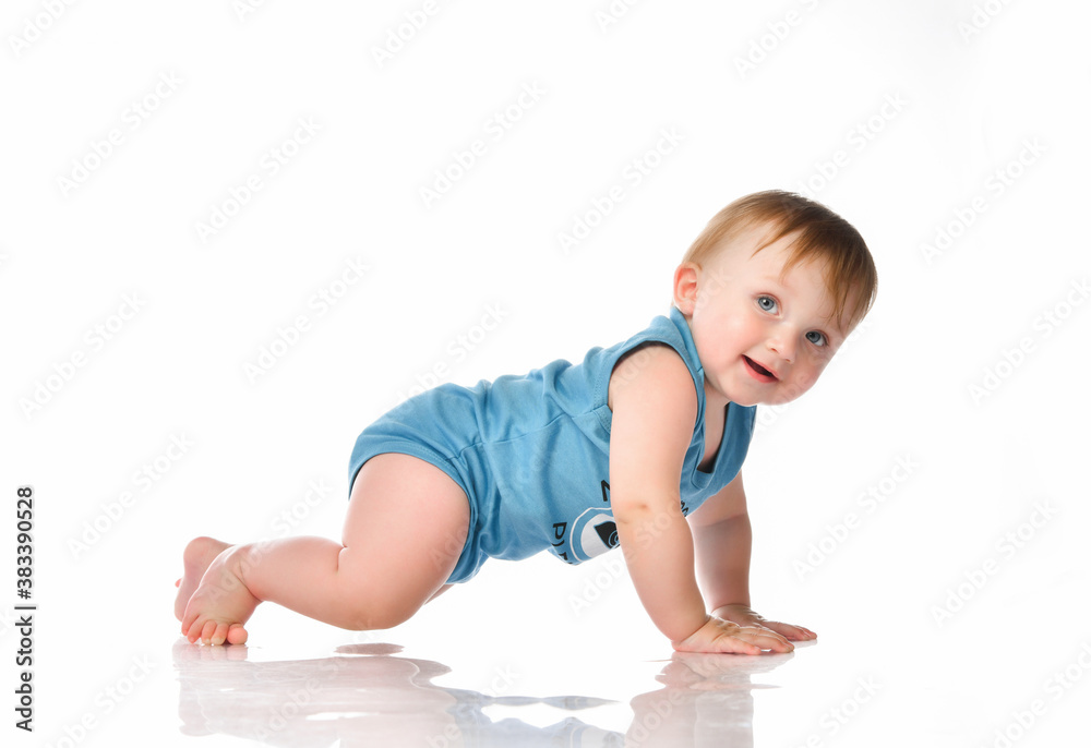 Bright picture of funny crawling baby on white Bright picture of funny crawling baby on white