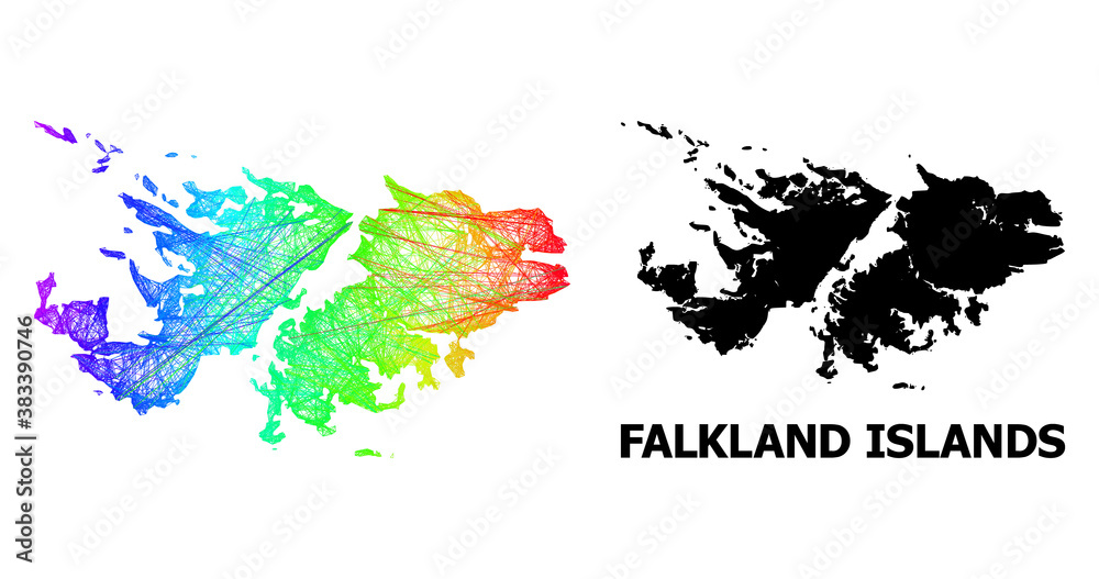 Fototapeta premium Wire frame and solid map of Falkland Islands. Vector model is created from map of Falkland Islands with intersected random lines, and has spectrum gradient.