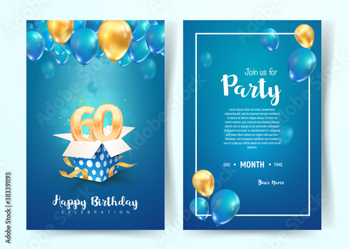 Celebration of 60th years birthday vector invitation card. Sixty years anniversary celebration brochure. Template of invitational for print on blue background