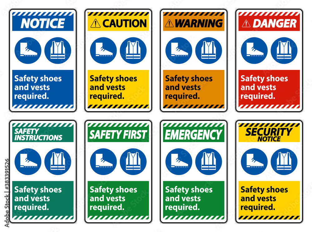 Safety Shoes And Vest Required With PPE Symbols on White Background,Vector Illustration