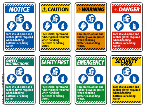 Face Shield, Apron And Rubber Gloves Required When Handling Batteries or Adding Water With PPE Symbols
