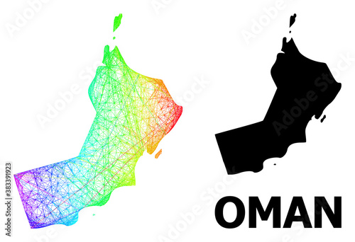 Wire frame and solid map of Oman. Vector structure is created from map of Oman with intersected random lines, and has spectral gradient. Abstract lines form map of Oman.