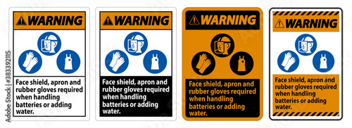 Warning Sign Face Shield, Apron And Rubber Gloves Required When Handling Batteries or Adding Water With PPE Symbols