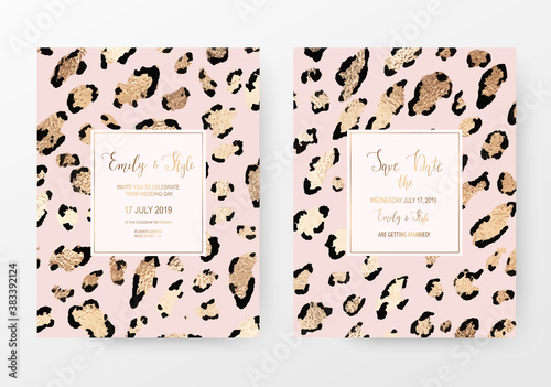 Fashionable leopard print invitation cards with gold texture.