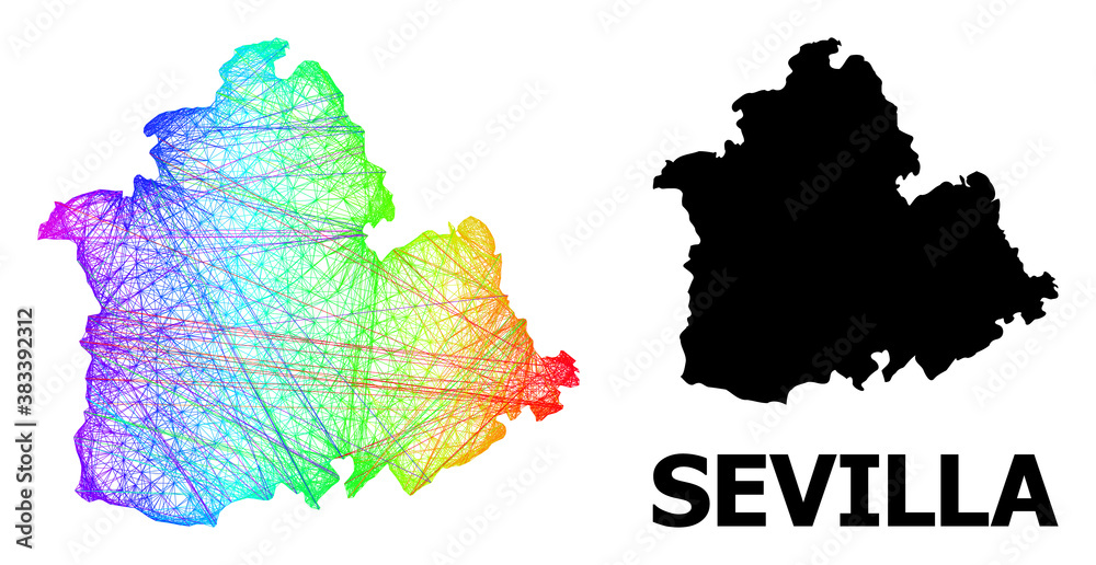 Wire frame and solid map of Sevilla Province. Vector structure is created from map of Sevilla Province with intersected random lines, and has spectral gradient.