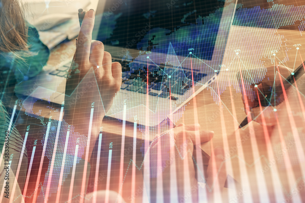 Double exposure of man and woman working together and forex chart hologram. Business concept. Computer background.