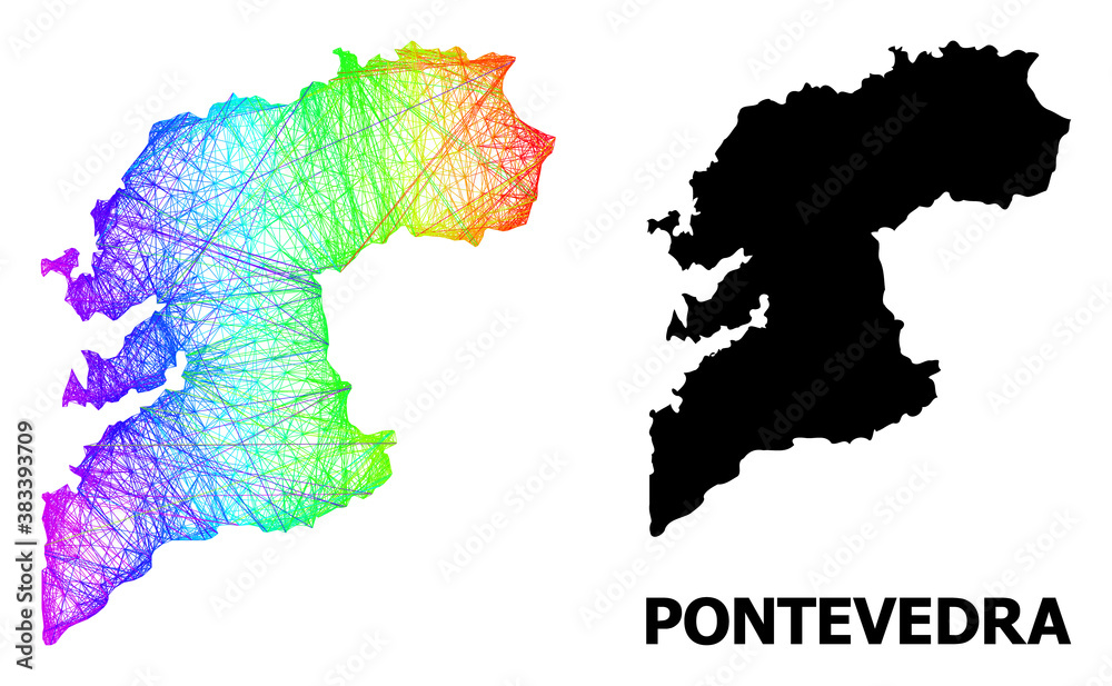 Obraz premium Net and solid map of Pontevedra Province. Vector structure is created from map of Pontevedra Province with intersected random lines, and has rainbow gradient.