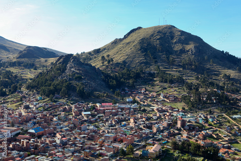 Houses and hills in Copacabana, Bolivia