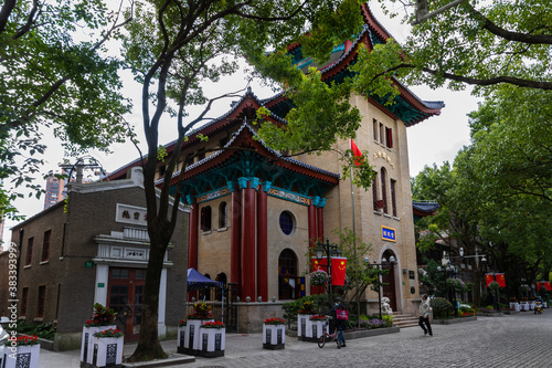 Photography Hongde Temple or Fitch Memorial Church, built in Chinese style with upturned eaves on Duolun Road, a pedestrian and cultural celebrity street in Hongkou, Shanghai, China