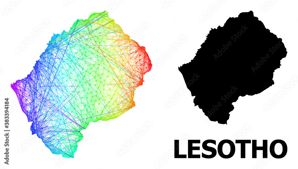 Wire frame and solid map of Lesotho. Vector model is created from map of Lesotho with intersected random lines, and has rainbow gradient. Abstract lines form map of Lesotho.