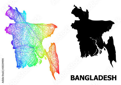 Network and solid map of Bangladesh. Vector structure is created from map of Bangladesh with intersected random lines, and has bright spectral gradient.