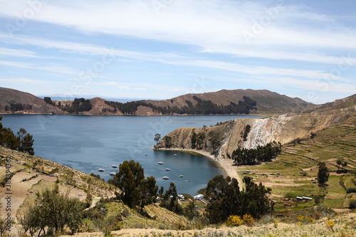 Houses on a hill on Isla Del Sol in Lake Titicaca