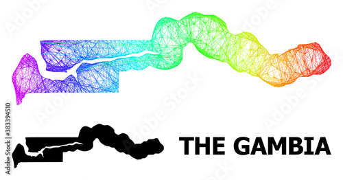 Wire frame and solid map of the Gambia. Vector model is created from map of the Gambia with intersected random lines, and has bright spectral gradient. Abstract lines form map of the Gambia.