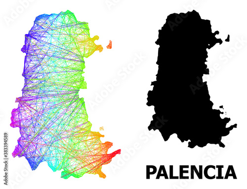 Network and solid map of Palencia Province. Vector model is created from map of Palencia Province with intersected random lines, and has bright spectral gradient.