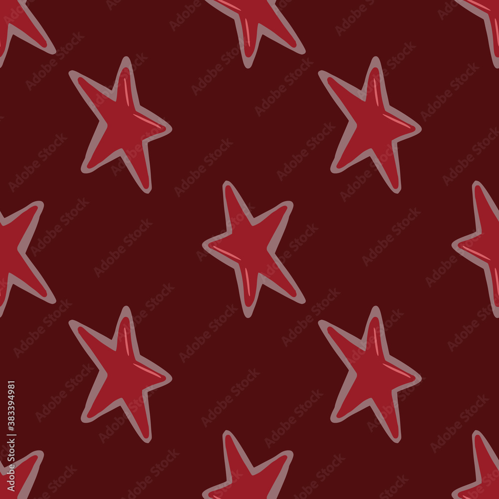 Seamless pattern with star christmas cookies. Doodle stylized tasty print in red color on maroon background.