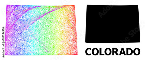 Network and solid map of Colorado State. Vector structure is created from map of Colorado State with intersected random lines, and has bright spectral gradient.