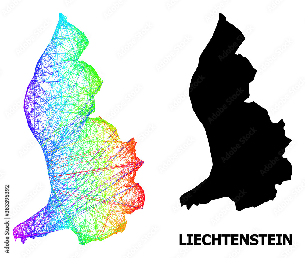 Wire frame and solid map of Liechtenstein. Vector structure is created from map of Liechtenstein with intersected random lines, and has bright spectral gradient.