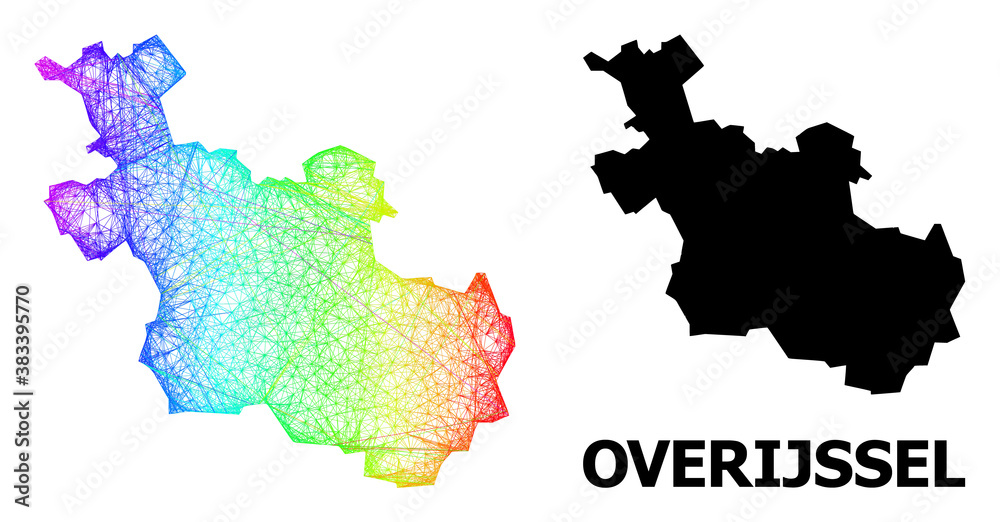 Obraz premium Network and solid map of Overijssel Province. Vector model is created from map of Overijssel Province with intersected random lines, and has rainbow gradient.